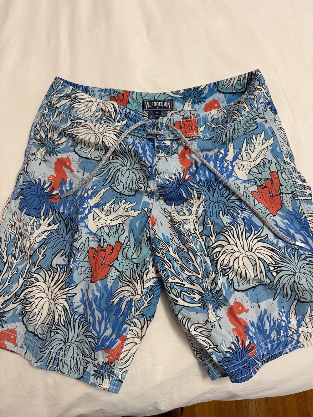 Vilebrequin Light Blue Coral Reef Print Swim Shorts with Red Accents